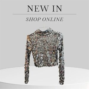 DKNY Silver Sequin Long Sleeve Crop Blouse